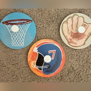 Set of 3 Hand Painted Kids Sports Themed Circular Wood Wall Plaque Decor